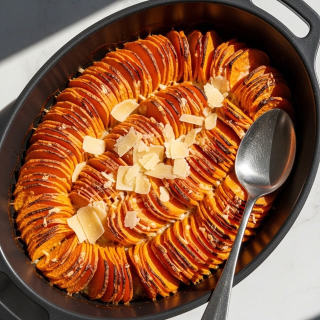 A baked dish in a black oval pan featuring multiple thin orange sweet potato slices arranged in tight, overlapping vertical layers with slightly browned edges. The top layer shows some melted cheese shavings scattered across the middle, adding pale yellow contrast to the rich orange. A silver serving spoon rests on the right side of the pan, partially inside the dish. The pan sits on a white marbled surface with warm natural light casting soft shadows. Photo taken with an iphone --ar 4:5 --v 7