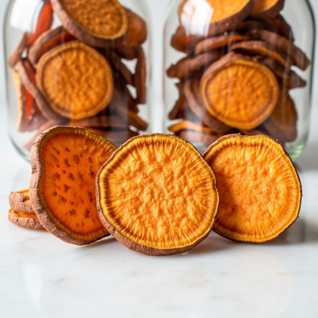 The image shows three dried sweet potato chips placed on a white marbled surface in the front. These chips have a rough brown outer edge with a wrinkled texture, while the inside is bright orange with a slightly fibrous look. Behind them, there are two clear glass jars filled with more of these sweet potato chips. The jars have a smooth shiny surface, and the chips inside are stacked loosely, showing their dry and slightly curled shapes. The whole scene is bright and clean with soft natural light. photo taken with an iphone --ar 4:5 --v 7