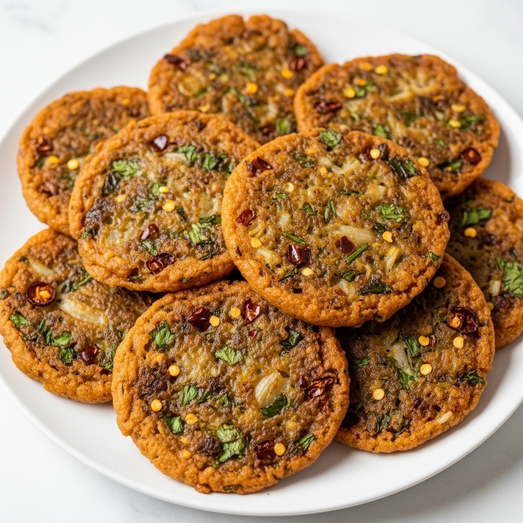 The image shows a close-up view of a stack of golden-brown fritters on a white plate. Each fritter is round, roughly the same size, and has a crispy, slightly rough texture with small bits of red chili flakes and green herbs scattered on and inside them. The edges are darker and crispy, while the inner parts have a lighter, crunchy texture with visible spice specks. The fritters overlap each other, creating a small pile that fills the plate, all placed on a white marbled surface. photo taken with an iphone --ar 4:5 --v 7