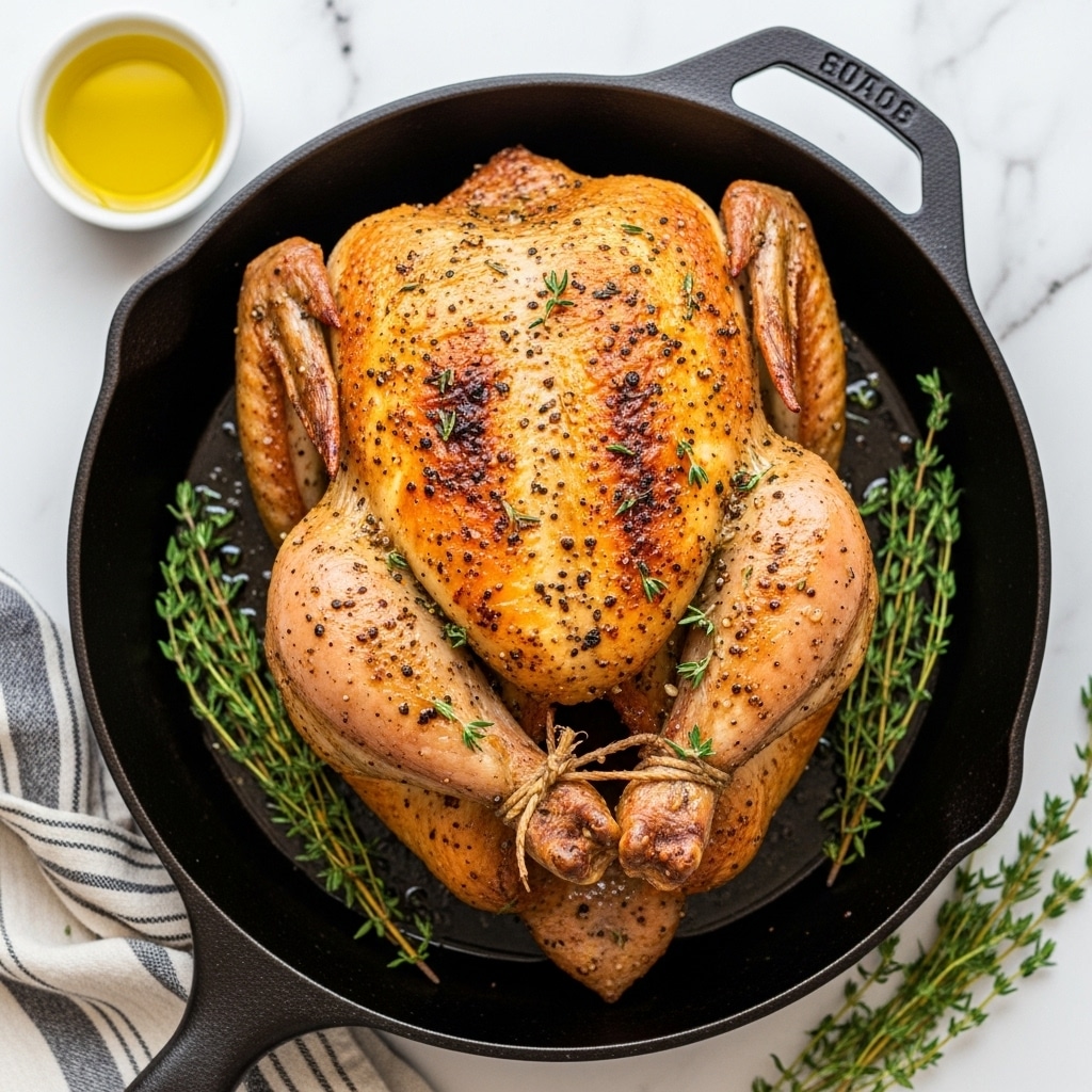 A whole roasted chicken with a golden brown, crispy skin covered in specks of black pepper, herbs, and garlic sits centered in a black cast iron skillet. The chicken's skin shows a few charred spots giving it a rustic look, with the legs tied together and wings tucked in. Bright green sprigs of fresh thyme lie underneath the chicken, partially visible around the edges. A small white bowl with olive oil sits near the top left corner on a white marbled surface. Part of a striped cloth is visible near the bottom left, adding a cozy touch. Photo taken with an iphone --ar 4:5 --v 7