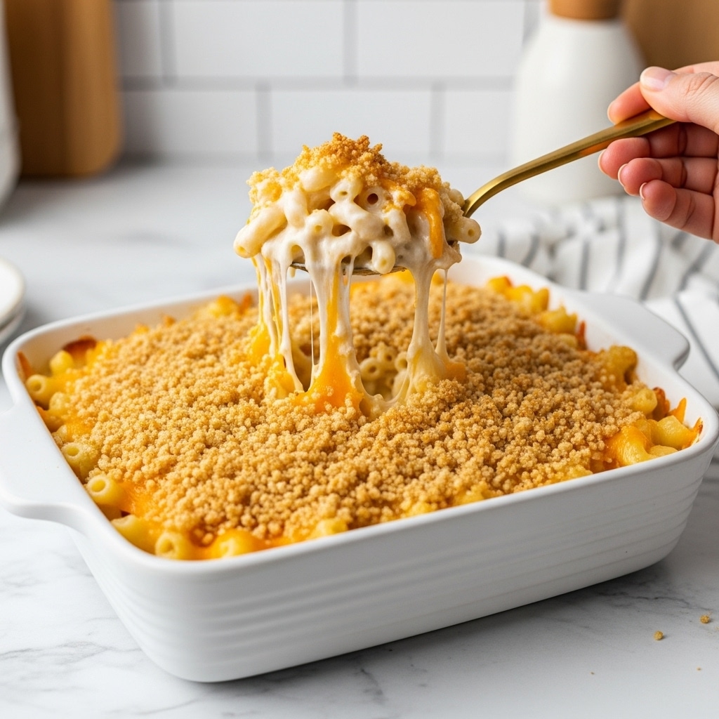 A white rectangular casserole dish filled with baked macaroni and cheese sits on a white marbled surface. The macaroni layer is creamy white with visible cheese strands stretching as a golden spoon lifts a scoop. The top layer is covered in a golden brown breadcrumb crust that looks crunchy and evenly toasted. The creamy cheesy macaroni beneath is smooth and melted, with some orange cheese melted on top of the noodles under the crumbs. A woman's hand holds the golden spoon, lifting the scoop from the dish. The background has a soft white tiled wall and some wooden accents. photo taken with an iphone --ar 4:5 --v 7