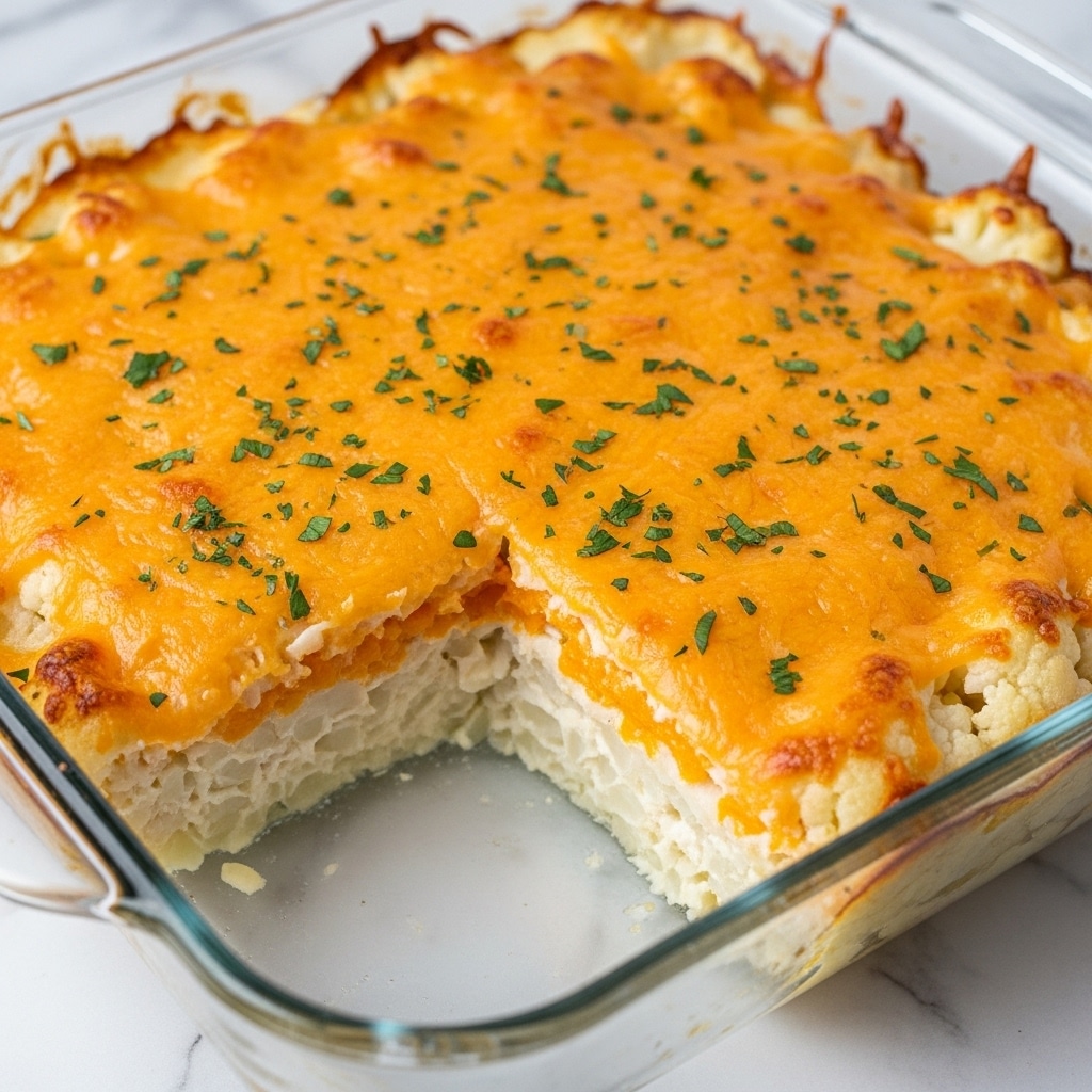 A glass baking dish filled with a cooked cauliflower casserole, showing a top layer of melted orange and golden cheese with small browned spots and tiny green chopped herbs sprinkled evenly across it. Underneath the cheese, a base layer of white, soft cauliflower florets is visible where a piece has been scooped out. The dish is placed on a white marbled texture surface with a corner of the dish cut away, exposing the creamy texture of the cauliflower and cheese layers inside. Photo taken with an iphone --ar 4:5 --v 7