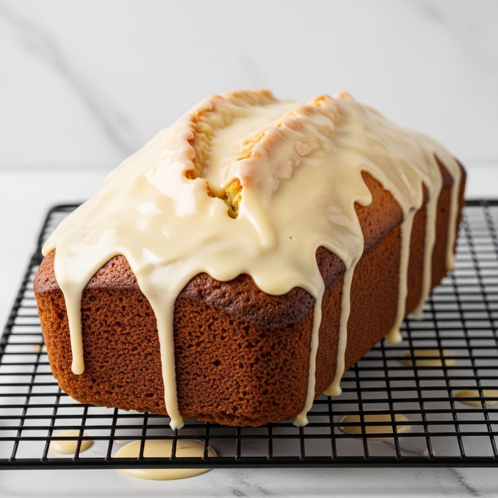 A rectangular loaf cake with a golden brown crust sits on a black wire cooling rack. The top of the cake is coated with a thick, glossy layer of light cream-colored icing that drips slightly down the sides. The cake's texture looks moist and soft with a smooth, even surface under the icing. The edges are crisp and well-baked, contrasting with the shiny, wet glaze on top. The background is a white marbled texture. photo taken with an iphone --ar 4:5 --v 7