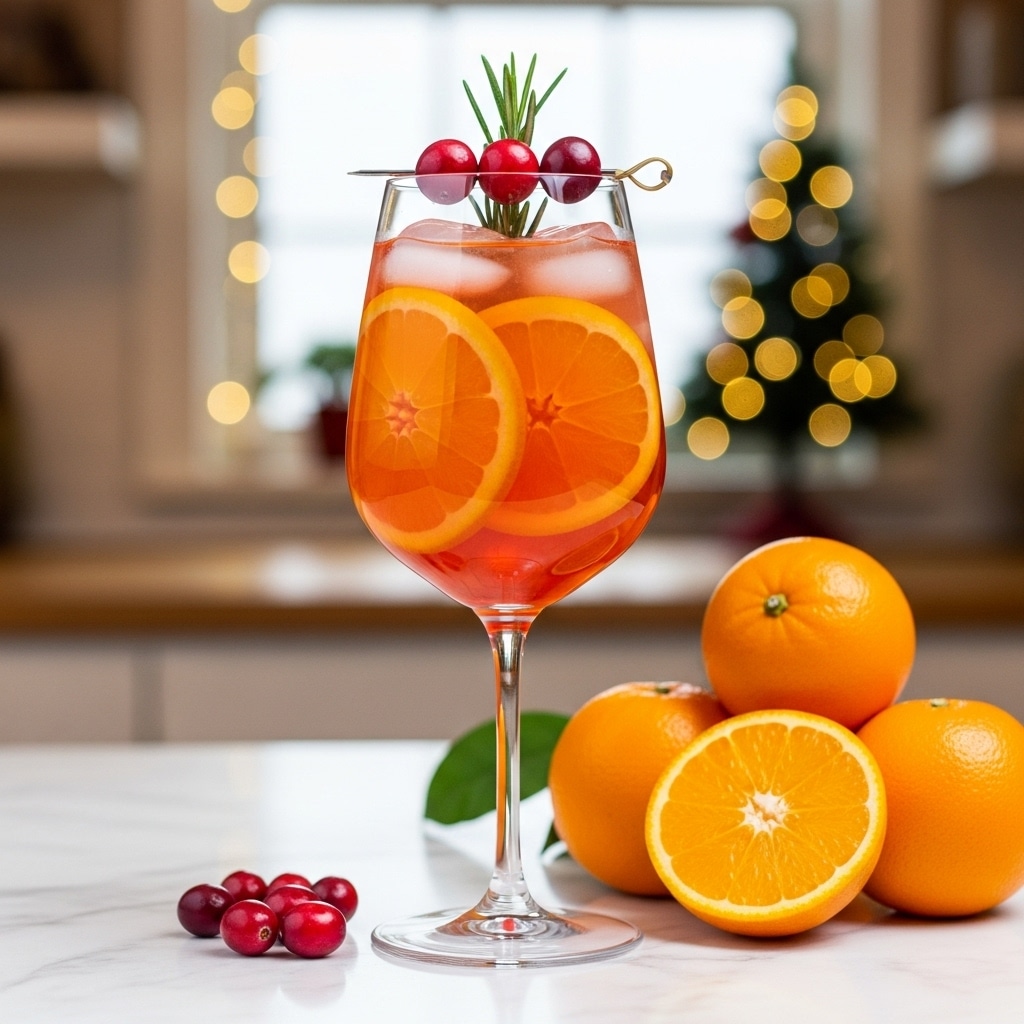 A tall clear glass filled with an orange-red drink with ice cubes scattered inside. On the top, there are three bright red cranberries and a small branch of green rosemary. A curved orange slice leans inside the glass, partially submerged. Behind the glass, four whole oranges and one half-sliced orange sit on a white marbled surface, with a few red cranberries scattered near the fruit. The background shows a blurred kitchen stove with red lights and a soft glow from a Christmas tree decoration. Photo taken with an iphone --ar 4:5 --v 7