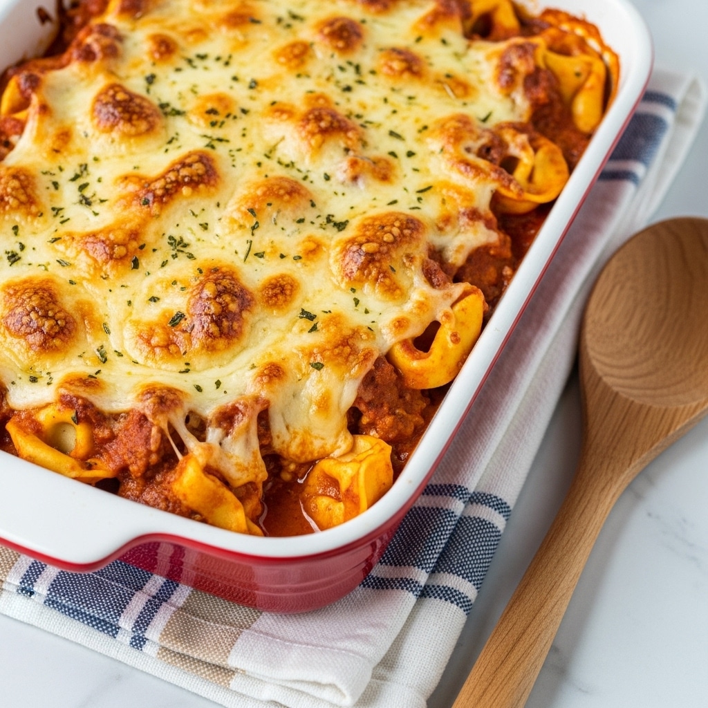 A close-up view of a baked casserole in a white rectangular baking dish with a red rim, showing a golden brown cheese topping with bubbly and slightly browned spots scattered across the surface, sprinkled lightly with herbs. Underneath the top cheese layer, glimpses of a thick, orange sauce and soft, textured pasta pieces can be seen. The dish sits on a folded cloth with white, beige, and blue stripes, and a wooden spoon is placed next to it on the white marbled surface. photo taken with an iphone --ar 4:5 --v 7