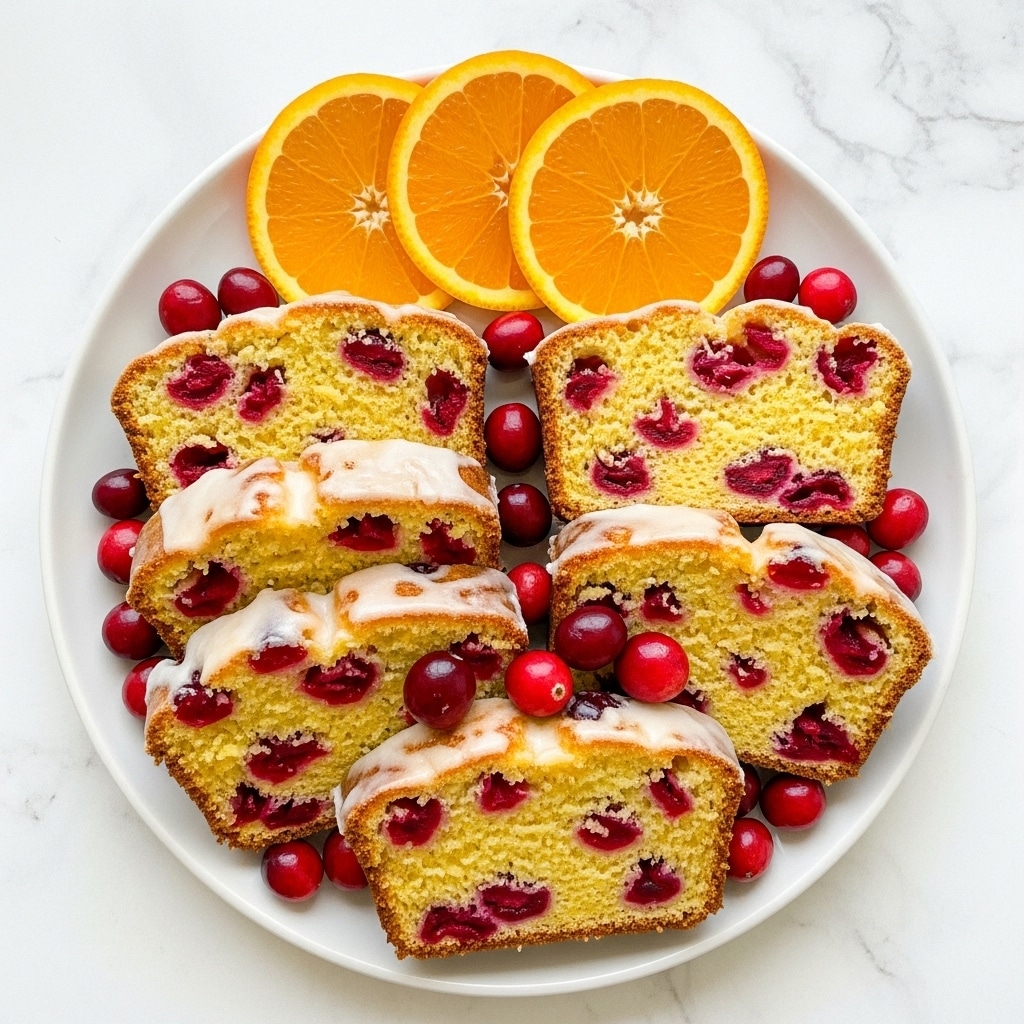 The image shows a white plate with a sliced cranberry orange bread loaf arranged in a slightly overlapping manner. The bread has a yellowish crumb with bright red cranberries mixed evenly throughout each slice, and there is a light white glaze drizzled over the top, adding a glossy texture. Around the slices, some whole fresh cranberries are scattered, adding a shiny dark red contrast. At the top of the plate, three thin, round slices of bright orange with visible segments are placed neatly. The plate sits on a white marbled surface, creating a bright and clean background. Photo taken with an iphone --ar 4:5 --v 7