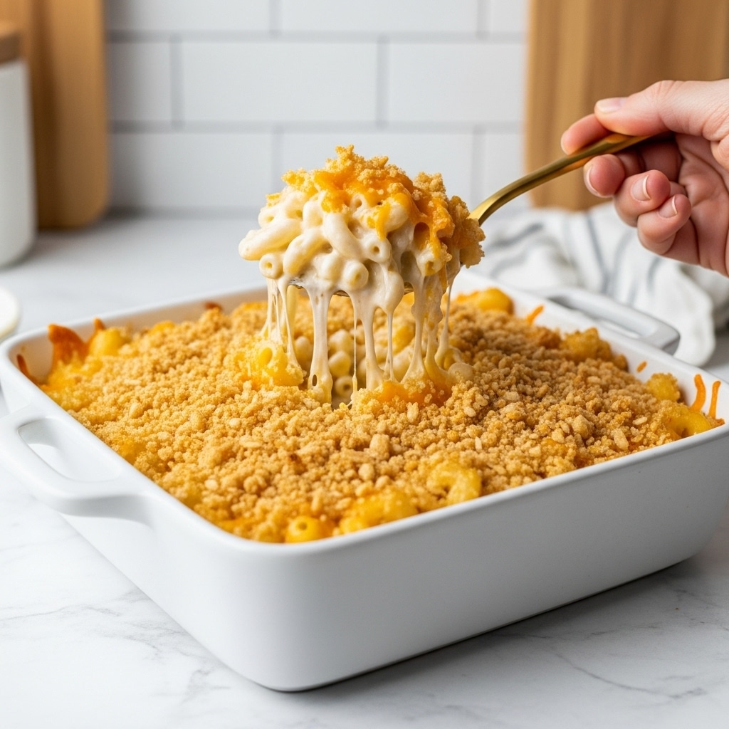 A white rectangular dish filled with baked macaroni and cheese is shown, with a woman's hand holding a gold spoon lifting a serving from it. The dish has three visible layers: the bottom layer consists of creamy pale yellow pasta, the middle layer is melted white cheese that stretches in strings as it is lifted, and the top layer is a golden brown, crispy breadcrumb crust that covers the entire dish. The dish sits on a light beige cloth on a white marbled textured surface, with a blurred background of white tiled wall and a brown bowl containing more macaroni. Photo taken with an iphone --ar 4:5 --v 7
