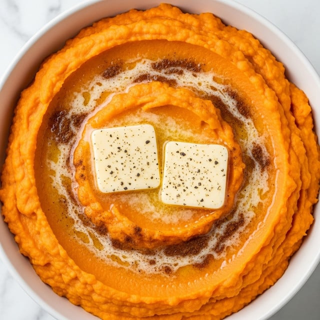 The image shows a close-up of creamy mashed sweet potatoes in a white bowl, with two square pats of melting butter placed in the center. The mashed sweet potatoes have a smooth texture with some lumps and a bright orange color. The butter is glossy as it melts into the warm mash. A light sprinkling of ground cinnamon or nutmeg is scattered over the surface, adding dark specks that contrast against the orange. The bowl sits on a white marbled surface. photo taken with an iphone --ar 4:5 --v 7
