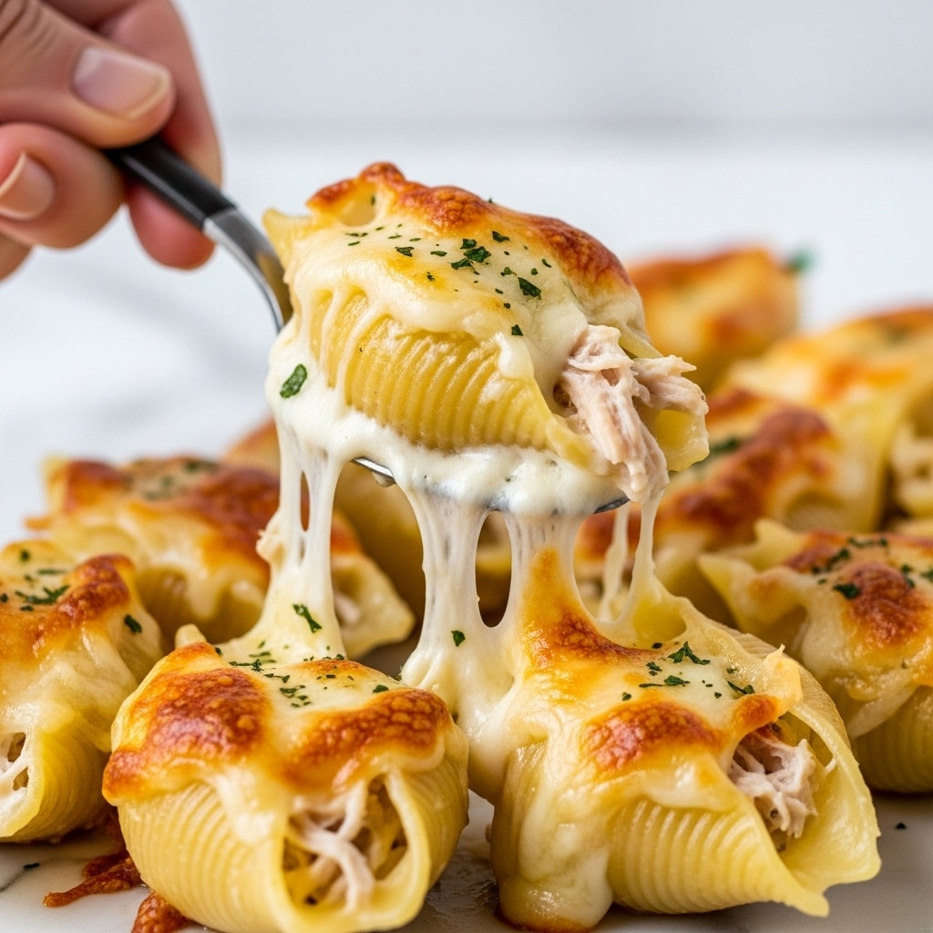 The image shows a close-up of a cooked pasta shell filled with creamy white cheese and shredded chicken, held by a woman's hand using a dark-colored spoon. The pasta shell is topped with melted, bubbly golden brown cheese with some herbs sprinkled on top. You can see gooey melted cheese stretching as the shell is lifted. In the background, more stuffed pasta shells with browned cheese topping rest on a white marbled surface. The textures include the smooth cheese inside, tender chicken, and the slightly crisp baked cheese on top. Photo taken with an iphone --ar 4:5 --v 7
