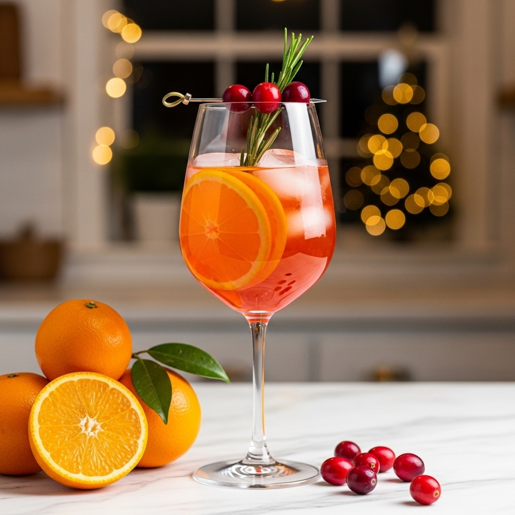 A clear wine glass filled halfway with an orange-red drink, containing several white ice cubes and two thin orange slices inside. On top, three bright red cranberries and a sprig of green rosemary sit as decoration. The glass stands on a white marbled surface with a group of whole and one halved bright orange fruit beside a few scattered cranberries. The background shows a blurred kitchen with soft lights and a window with a small, out-of-focus decorated Christmas tree outside. Photo taken with an iphone --ar 4:5 --v 7