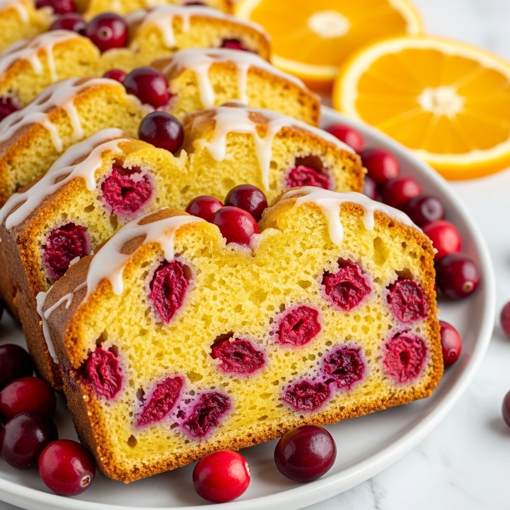 The image shows a close-up view of slices of a yellow cake filled and topped with bright red whole cranberries and some smaller berry bits, creating a colorful contrast inside the soft, crumbly cake. A light white glaze is drizzled unevenly over the top, adding a shiny texture. The cake slices are arranged closely together on a white plate, with additional whole cranberries scattered around them. In the background, there are thin round slices of orange adding a fresh, bright orange color to the scene. The setting uses a white marbled texture surface. photo taken with an iphone --ar 4:5 --v 7