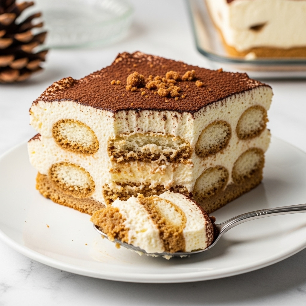 A slice of tiramisu dessert sits on a white plate, showing four visible layers of creamy white mascarpone and coffee-soaked ladyfingers, alternating evenly. The top layer is dusted with a fine layer of dark cocoa powder and sprinkled with small brown crumbs. The front edge reveals a moist, soft texture with the coffee cream slightly melting onto the plate. A silver spoon holds a scoop of the tiramisu in front of the slice, resting on the plate. The background is a white marbled surface with a pine cone and a glass dish faintly visible behind the plate. photo taken with an iphone --ar 4:5 --v 7