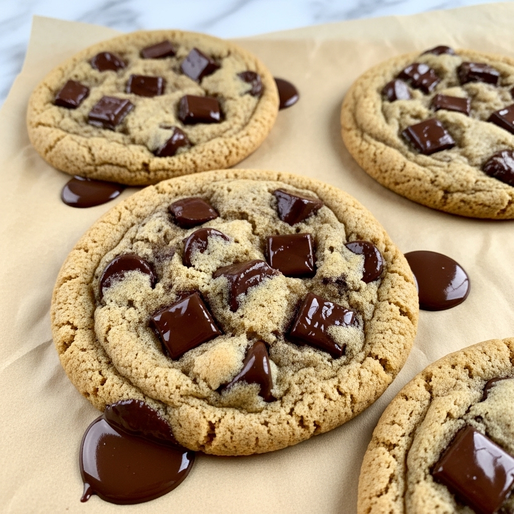 The image shows a close-up of three golden brown chocolate chip cookies on a sheet of light brown parchment paper. The cookies are thick and soft with a slightly cracked surface, and large, melted dark chocolate chunks are spread generously within the cookie dough, with some pools of melted chocolate around the edges and on the parchment paper. The cookies have an irregular round shape with a rough border and a soft, chewy texture that looks warm and fresh. The background has a white marbled texture. photo taken with an iphone --ar 4:5 --v 7