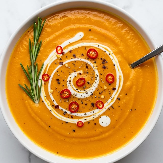 A close-up of a bowl of creamy orange soup with a smooth, slightly chunky texture; the soup fills most of the white bowl, showing a swirl of white cream on the surface that twists elegantly around the center to the edges. Small red chili flakes and black pepper specks are scattered on top, adding a speckled effect. A fresh green rosemary sprig rests on the left side of the soup, giving a contrasting detail. The bowl is photographed on a white marbled texture background, and a spoon is partially visible dipping into the soup on the right side. photo taken with an iphone --ar 4:5 --v 7