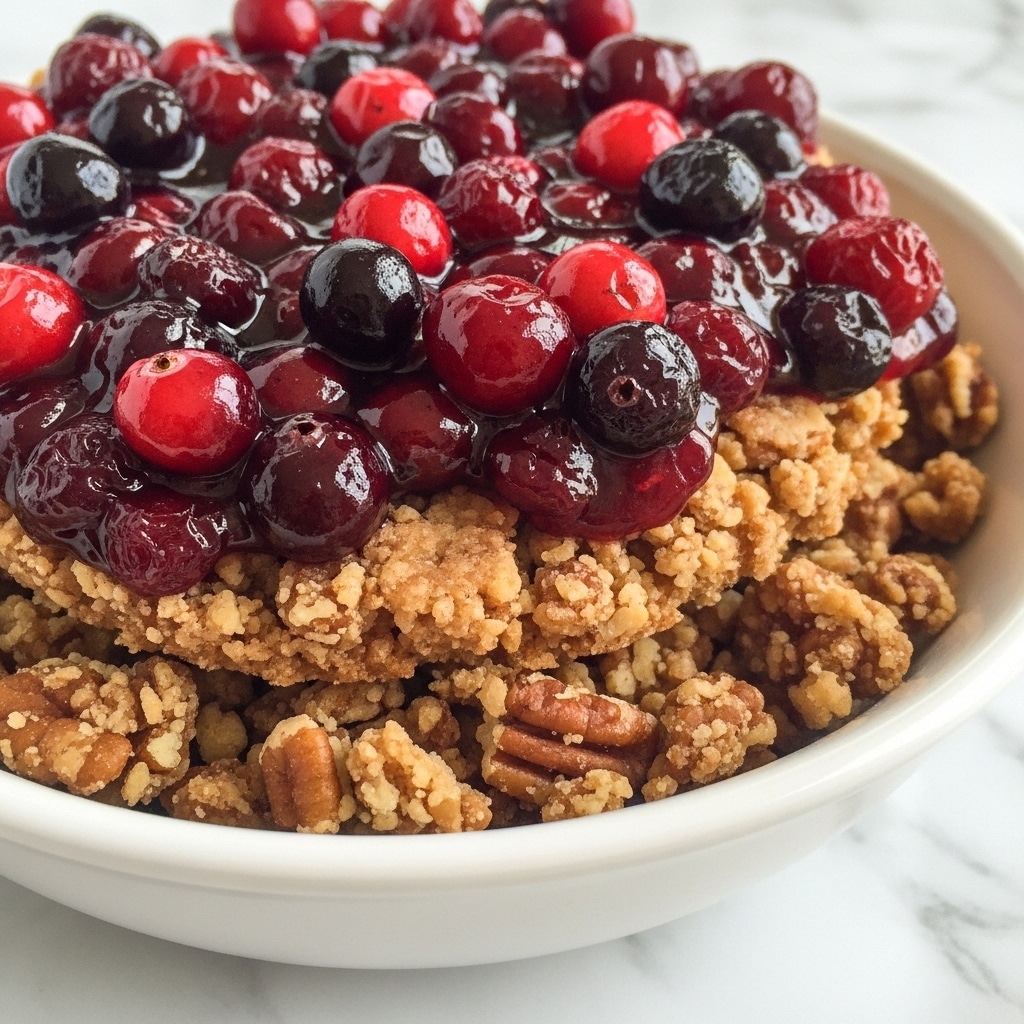 The image shows a close-up of a cranberry orange pecan crisp served in a white bowl with a white marbled background. The dish has two main layers: the bottom layer is a crumbly, pale golden brown pecan crisp with a rough texture, while the top layer is a glossy, deep red cranberry and orange mixture with visible whole cranberries and pieces of pecans, giving a juicy and chunky appearance. The crisp topping has a slightly crunchy look with bits broken off, contrasting with the smooth, shiny fruit layer, making the dessert look rich and inviting. Photo taken with an iphone --ar 4:5 --v 7