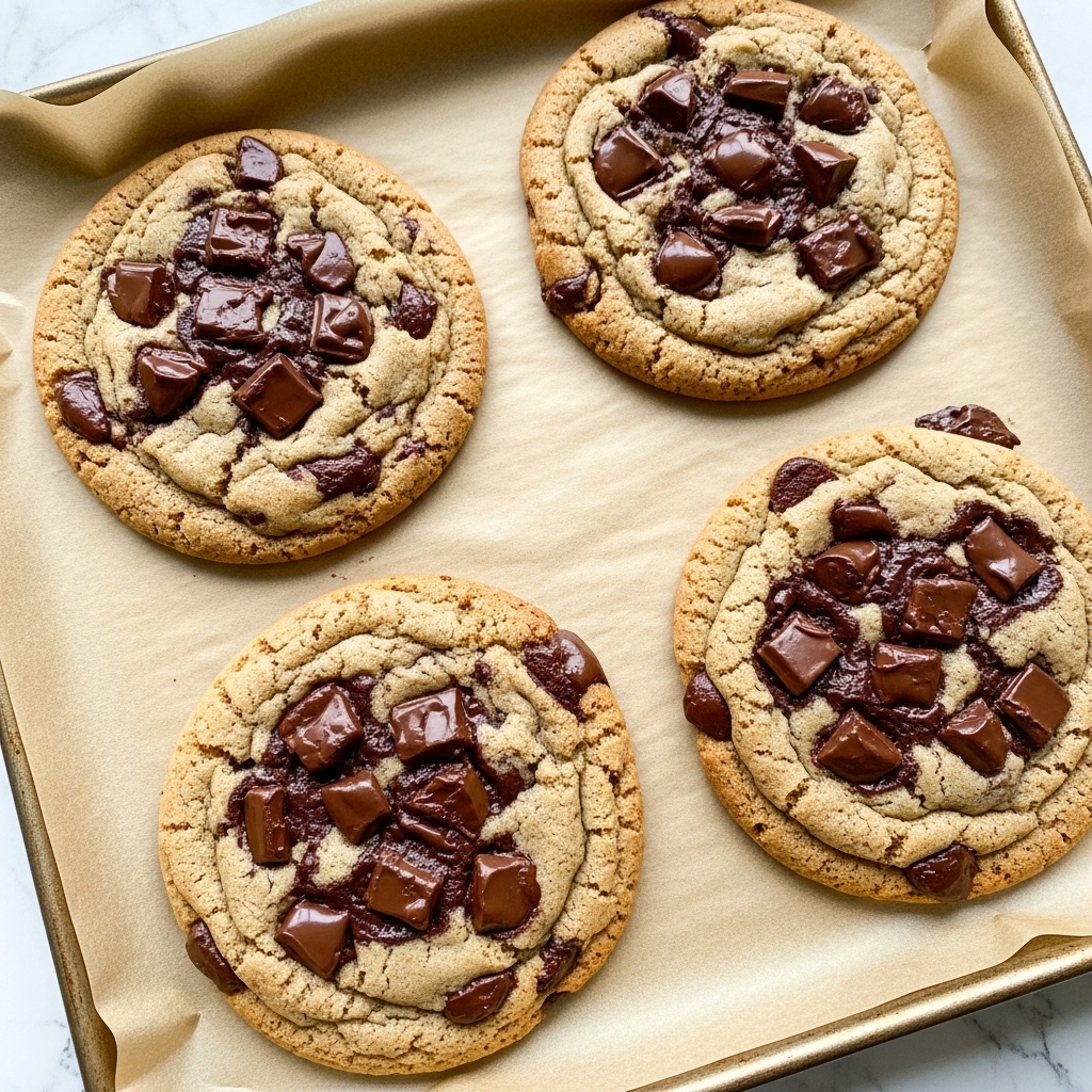 Four large chocolate chip cookies rest on a sheet of light brown parchment paper over a baking tray. Each cookie is golden brown with slightly darker edges and is thick, showing a soft texture. Dark, melted chunks and chips of rich chocolate are spread unevenly on the rough, cracked surface of each cookie. The cookies look warm and gooey, with some chocolate slightly melted along the edges. The background beneath the tray is a white marbled texture. photo taken with an iphone --ar 4:5 --v 7