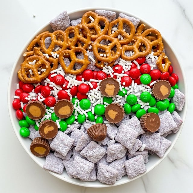 A white bowl filled with a colorful snack mix on a white marbled surface. The mix has several layers and textures: at the base are square pieces of cereal dusted with white powder, mixed with small brown mini peanut butter cups that have ridged edges. Scattered throughout are bright red and green candy-coated chocolates adding vibrant spots of color. Large, crispy, brown pretzels are evenly spread on top, adding a crunchy texture and visual contrast. Small pieces of nuts are also visible, blending in with the other ingredients. Photo taken with an iphone --ar 4:5 --v 7