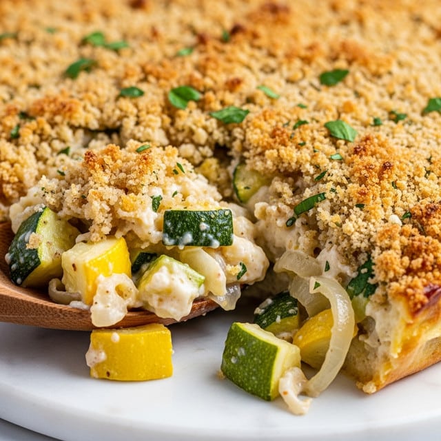 The image shows a close-up of a baked casserole with a golden brown breadcrumb crust on top, sprinkled lightly with green herbs. Underneath the crust, chunks of green and yellow zucchini mixed with creamy white melted cheese are visible. Small pieces of cooked onion and a creamy, slightly browned sauce surround the vegetables. A wooden spoon is partially visible on the left side, stirring the casserole. The dish is set on a white marbled surface. photo taken with an iphone --ar 4:5 --v 7