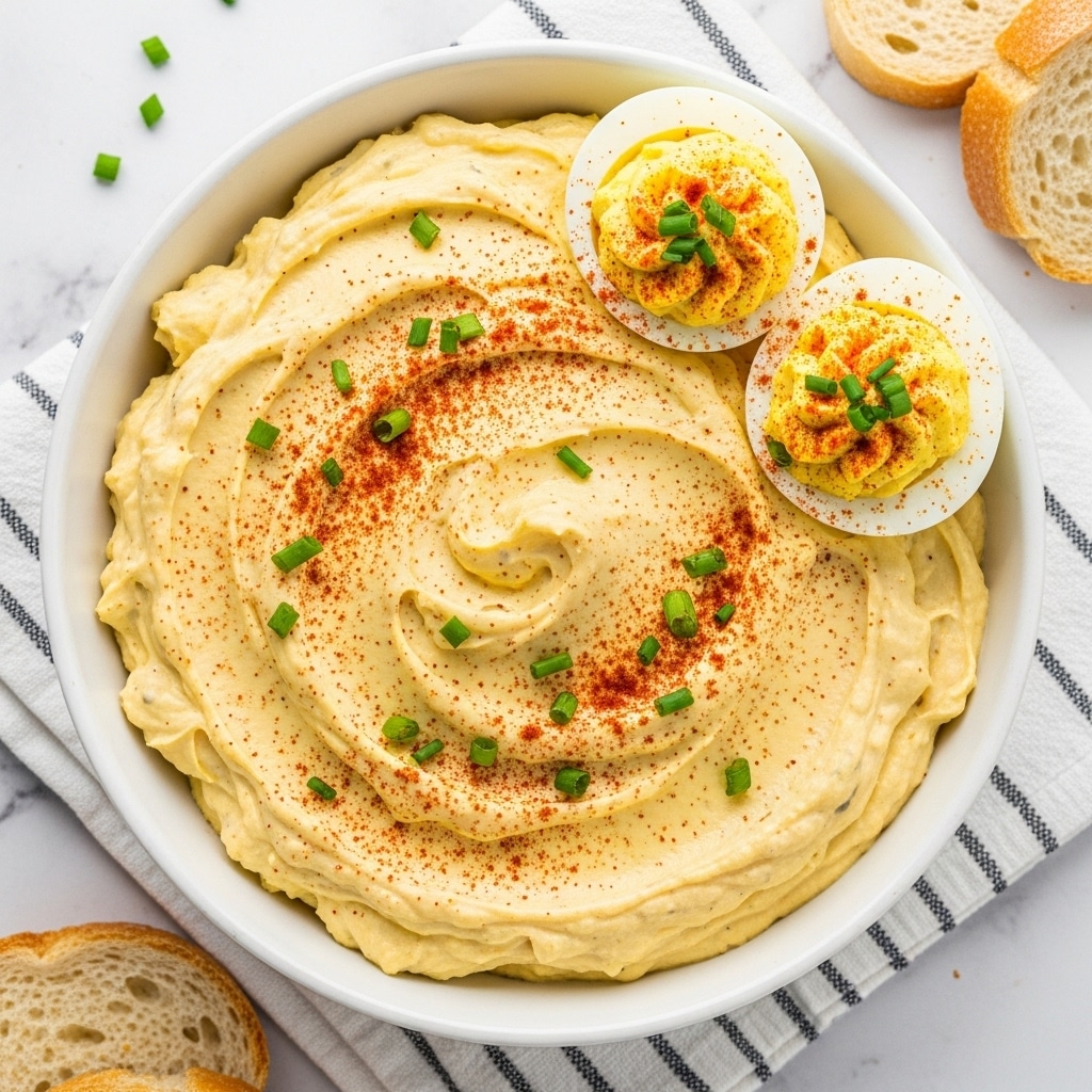 A white bowl filled with smooth, creamy deviled egg dip with a light yellow color and soft swirls on the surface. There are small green chive pieces scattered on top, along with a dusting of red paprika powder. Two halves of deviled egg sit on the edge of the bowl, showing a similar creamy, pale yellow yolk filling with paprika and chive garnish. The bowl rests on a white and grey striped cloth on a white marbled surface, with a few slices of bread nearby. Photo taken with an iphone --ar 4:5 --v 7