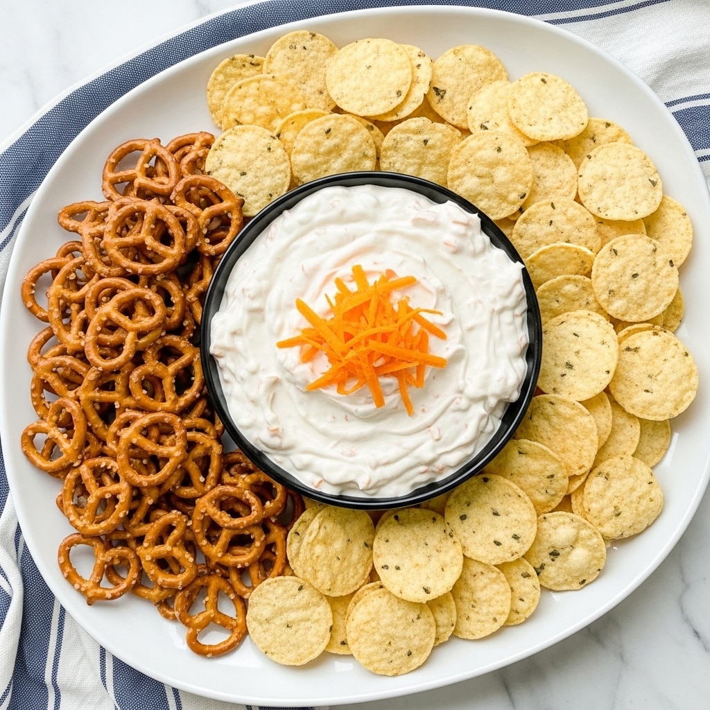 A close-up view of a creamy white dip filled with bits of yellow cheese and bacon pieces, sitting in a small black bowl. A woman's hand is dipping a round pale yellow chip into the thick, textured dip. Around the bowl, there are golden tortilla chips and crispy pretzels scattered on a white marbled surface. The dip looks soft and rich, with uneven color spots from the added ingredients. Photo taken with an iphone --ar 4:5 --v 7