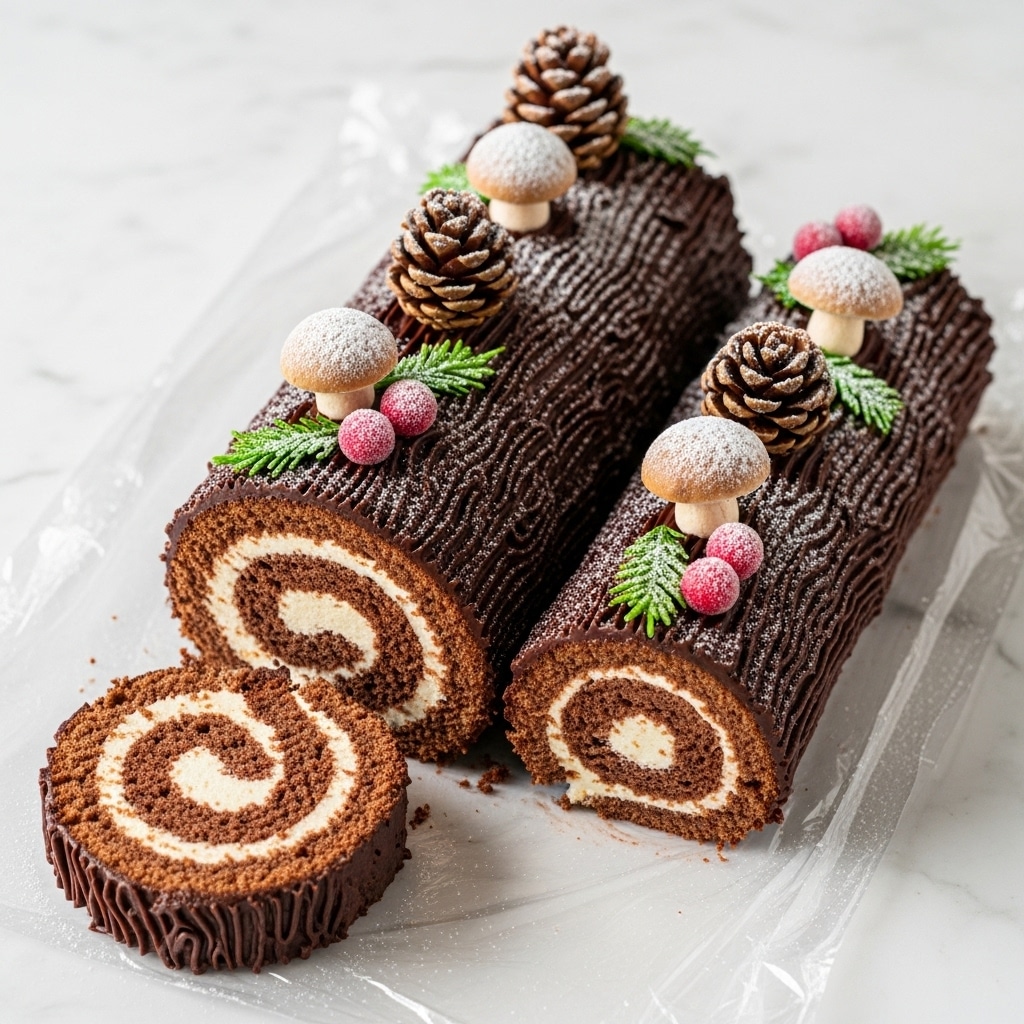 The image shows a chocolate roll cake with two visible layers: a dark brown moist chocolate sponge rolled around a thick, creamy white filling in the center, creating a swirling pattern. The outside of the roll is coated in shiny chocolate frosting with a slightly rough texture. Around the cake on a clear textured glass plate, there are bright red sugared cranberries with a frosty appearance and small white meringue mushrooms with brown chocolate caps. A small pine cone is placed on top of the roll as decoration. The background is a soft white marbled surface with some soft, blurry warm lights in the distance. Photo taken with an iphone --ar 4:5 --v 7