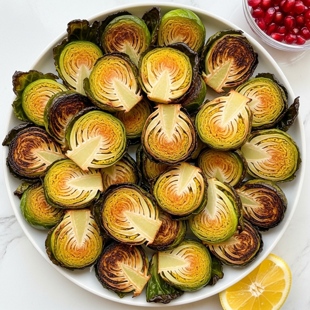A white plate filled with roasted Brussels sprouts, each cut in half showing layers of light green and white inside, with a mix of golden brown and charred dark spots on the outer leaves. The sprouts are spread closely together, giving a textured look of crisp and tender pieces. To the top right, there is a small white bowl filled with bright red pomegranate seeds. In the bottom right corner, two lemon wedges rest on the white marbled surface. The image has a fresh and warm feeling with vibrant colors and a clean background photo taken with an iphone --ar 4:5 --v 7