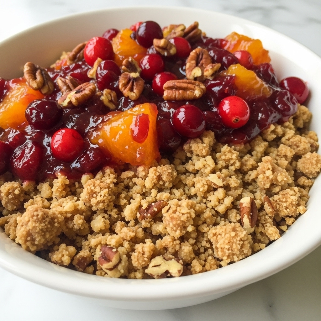 The image shows a close-up of a dessert with two main layers in a white bowl on a white marbled surface. The bottom layer is a golden-brown pecan crisp with a crumbly texture, with small pieces visible. On top, there is a thick, glossy layer of cranberry orange topping made up of whole and smashed cranberries in different shades of deep red and dark purple, giving it a juicy, textured look. The crisp layers and glossy topping mix slightly at the edges, creating a rich and inviting appearance. Photo taken with an iphone --ar 4:5 --v 7