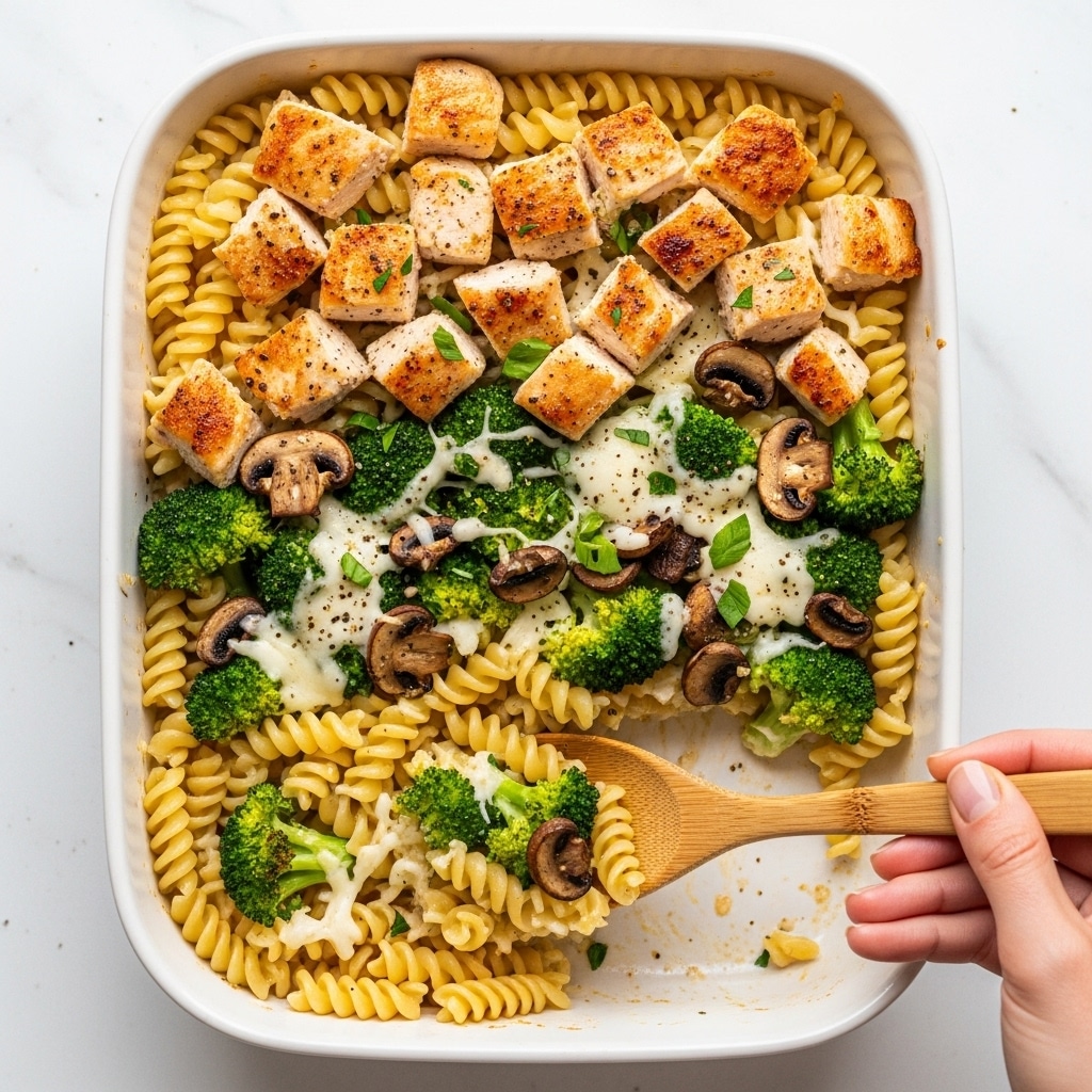 The image shows a close-up of a baked dish in a white rectangular pan resting on a white marbled surface. The dish contains multiple layers starting with a base of twisted pasta spirals mixed evenly with pieces of broccoli and chunks of brown mushroom. The top layer has melted cheese that is golden brown and slightly crispy in parts, blending with the green broccoli and brown mushrooms. A woman's hand is holding a wooden serving spoon, scooping up a serving from the corner, highlighting the texture of the pasta and vegetables. photo taken with an iphone --ar 4:5 --v 7