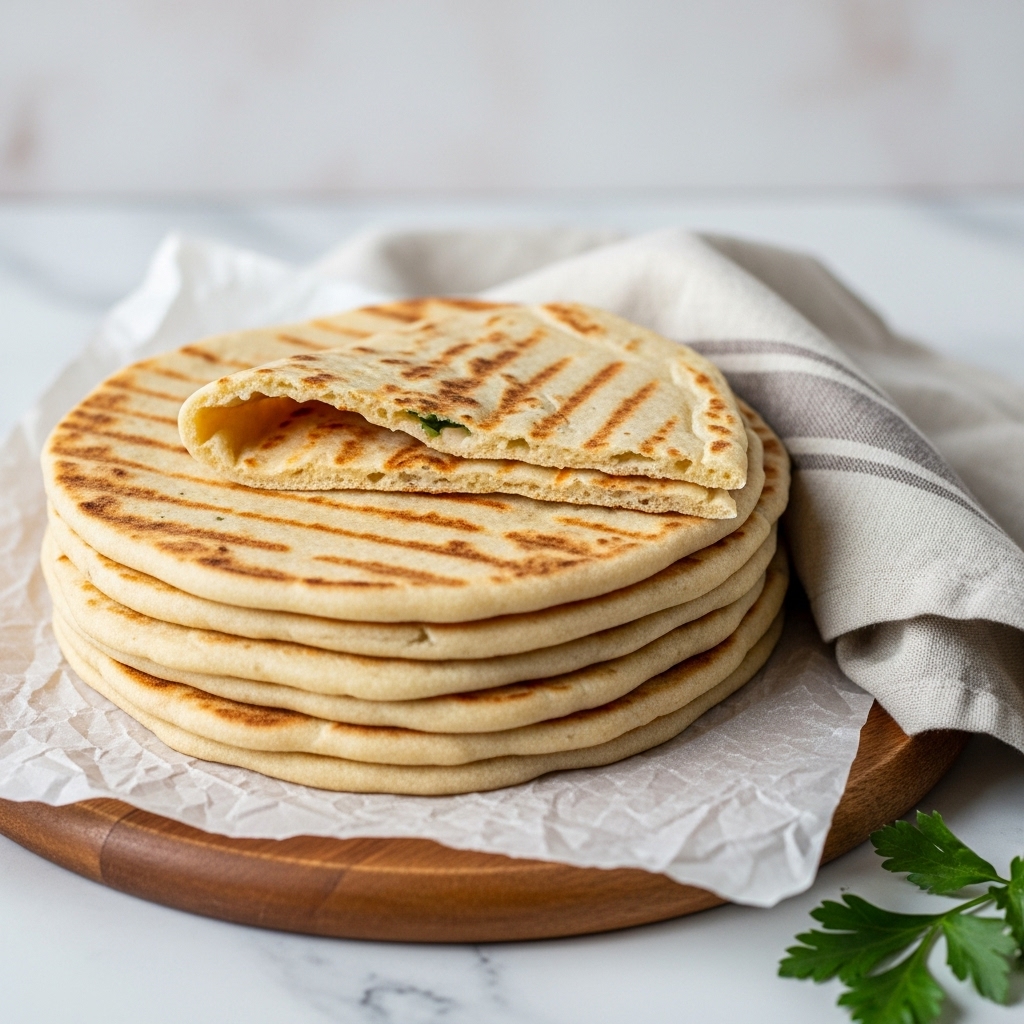 A stack of six soft, golden flatbreads with light brown grill marks rests on a round wooden board covered with crumpled parchment paper. One flatbread is folded in half and placed on top, showing a slightly browned surface inside. A light beige and white striped cloth partially covers the top right side of the flatbreads, and a few green parsley leaves peek out near the lower right corner. The scene is set on a white marbled surface with a soft, neutral background. photo taken with an iphone --ar 4:5 --v 7