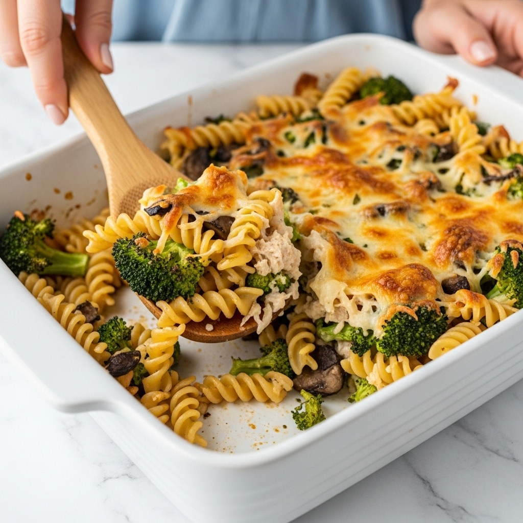 A white dish filled with a baked pasta meal showing three main layers: twisted spiral pasta cooked to a soft yellow color forming the base, scattered green broccoli florets and browned mushroom slices as the middle layer, and bite-sized pieces of golden brown grilled chicken on top. There is melted white cheese draped throughout, with black pepper and bits of green herbs sprinkled over all. A woman's hand holds a wooden spoon scooping the warm mix from one corner, revealing the creamy inside. The background surface has a white marbled texture. photo taken with an iphone --ar 4:5 --v 7