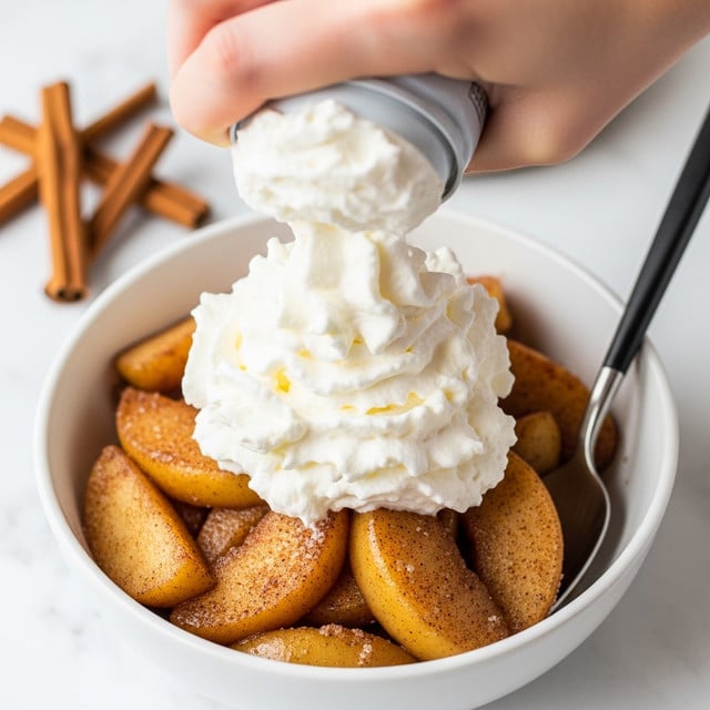 A close-up image of a white bowl filled with warm cooked apple slices coated in cinnamon and sugar. On top of the apple slices, a woman's hand is pressing whipped cream out of a can, creating a large, fluffy, white dollop with a soft, airy texture. In the background, there are cinnamon sticks lying on a white marbled surface, along with a black-handled spoon resting inside the bowl. The overall color palette is warm with browns from the cinnamon apples and pure white from the bowl and whipped cream. Photo taken with an iphone --ar 4:5 --v 7