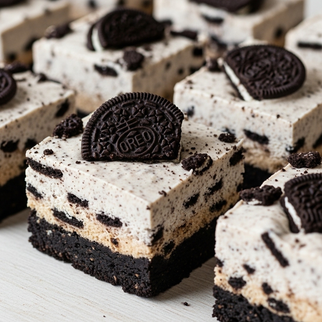 The image shows square pieces of a three-layer dessert placed closely on a white marbled surface. The bottom layer is dense, dark brown, almost black, resembling a chocolate cookie crust. The middle and top layers form a creamy, off-white filling embedded with broken pieces of dark chocolate cookies. Crumbled cookie pieces are scattered over the top, giving a textured, crunchy look. Each dessert square is uniform in size with clean, sharp edges, highlighting the contrast between the dark base, the creamy filling, and the cookie chunks on top. Photo taken with an iphone --ar 4:5 --v 7