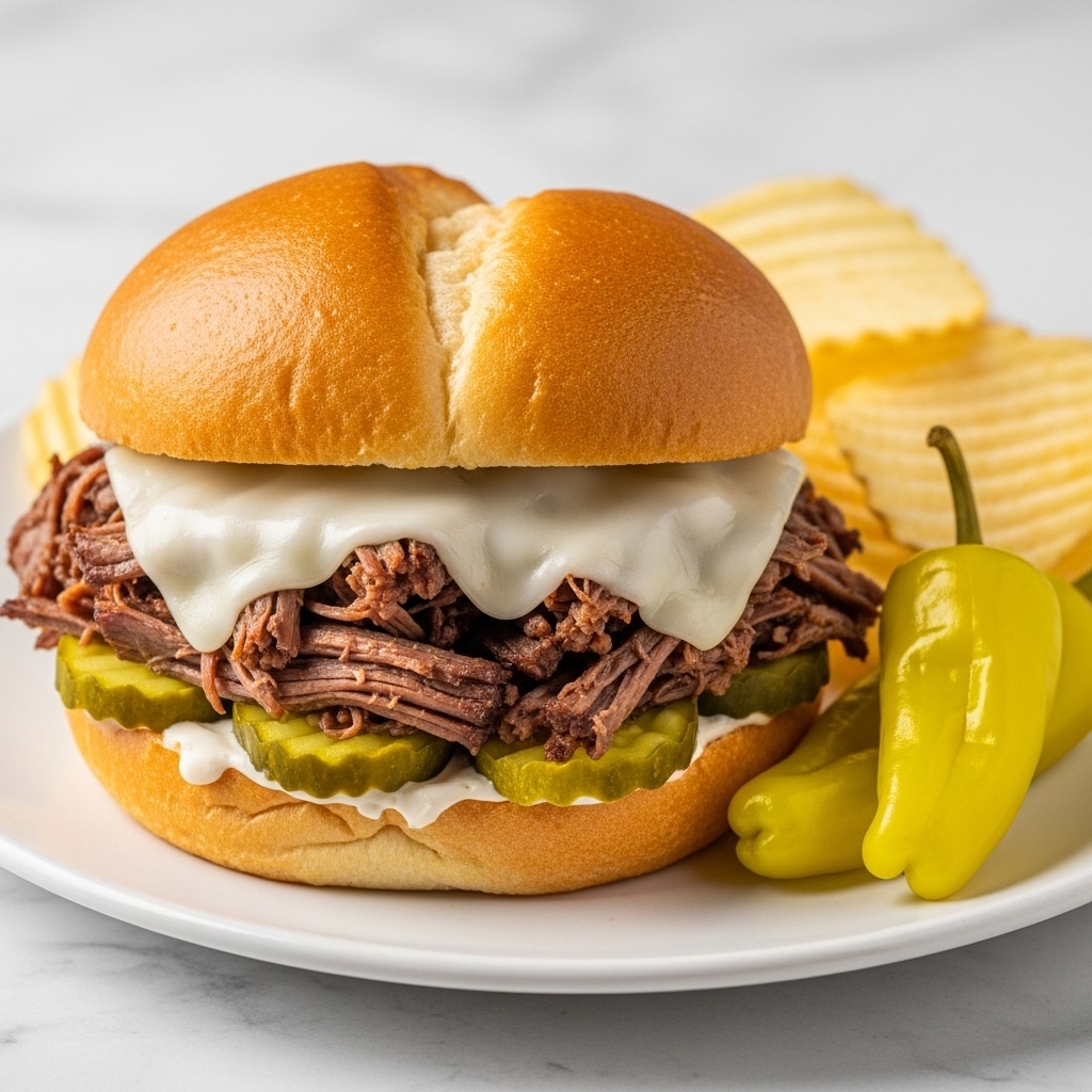 A close-up view of a sandwich on a white plate with wavy potato chips in the background, placed on a white marbled surface. The sandwich has four visible layers: a soft golden brown top bread roll, melted white cheese dripping over the ingredients, shredded dark brown beef, and green pickles underneath the beef, all held together by a golden brown bottom bread roll. On the plate beside the sandwich are two yellow-green peppers. Photo taken with an iphone --ar 4:5 --v 7