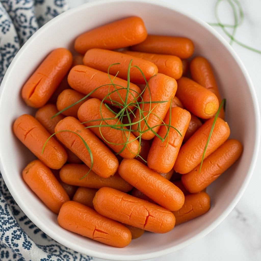 The image shows a white bowl filled with cooked baby carrots that have a soft texture and a bright orange color. The carrots are arranged in a heap, with some showing slight cracks on the surface, indicating tenderness. Thin strands of fresh green herbs are scattered on top of the carrots, adding a touch of contrast and freshness to the overall look. The bowl sits on a white marbled surface with a hint of a patterned blue and white cloth peeking from underneath. Photo taken with an iphone --ar 4:5 --v 7