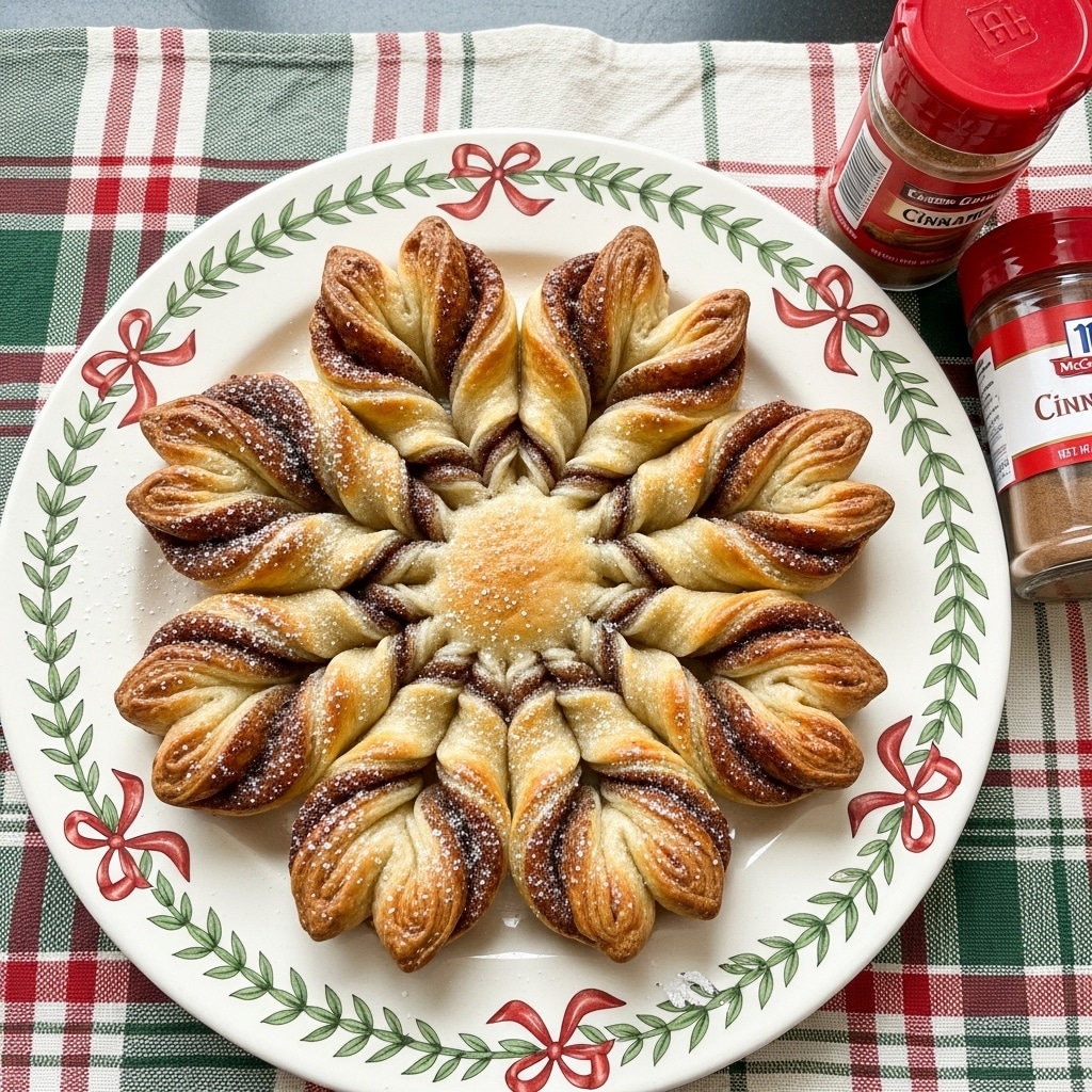 A baked pastry shaped like a flower with eight petals, each petal twisted and layered with a golden brown crust and a visible darker filling inside, dusted lightly with powdered sugar. The pastry rests on a white plate decorated with green leafy vines and red bows around the edge. The plate sits on a plaid cloth with red, green, and white stripes. Nearby, a transparent container of ground cinnamon with a red lid and label is placed to the right. Photo taken with an iphone --ar 4:5 --v 7