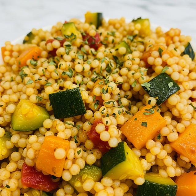 The image shows a close-up of a cooked couscous dish with small, round grains mixed with bright orange and green pieces of zucchini and red tomato bits. The grains look soft and slightly shiny, coated with a sauce that has a warm orange color. Small green herb flakes are sprinkled evenly over the top, adding a fresh touch. The food fills the entire frame, with a white marbled surface in the blurred background. photo taken with an iphone --ar 4:5 --v 7