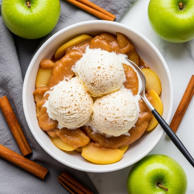 A white bowl filled with warm cooked apple slices covered with a light brown cinnamon sauce, topped with three large scoops of melting white vanilla ice cream sprinkled with tiny cinnamon specks; a spoon with a black handle rests inside the bowl. Around the bowl are whole cinnamon sticks, fresh green apples, and a soft gray cloth on a white marbled surface. Photo taken with an iphone --ar 4:5 --v 7