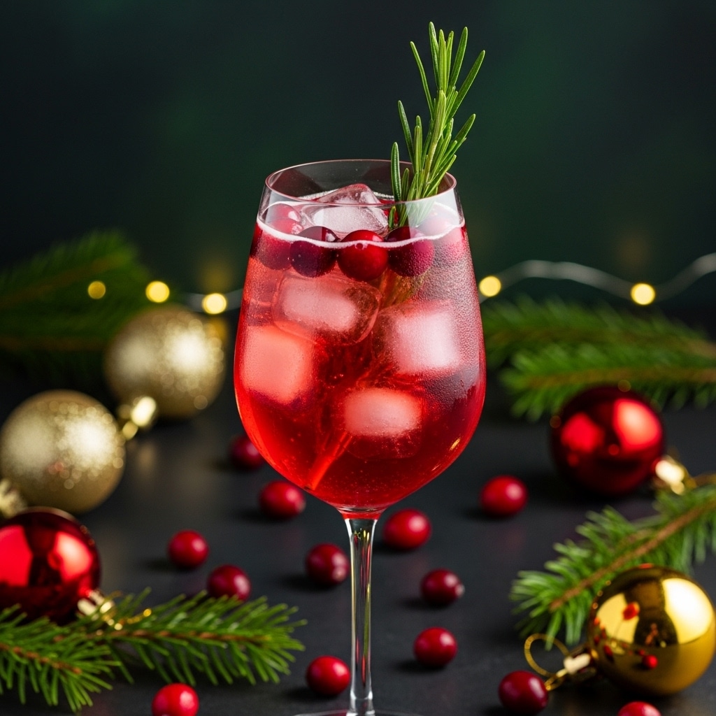 A clear, tall wine glass filled with red liquid and several ice cubes, creating a cool, slightly frosted look inside. The drink has a layer of red cranberries floating at the top and a green rosemary sprig standing upright, adding height and texture. The glass is placed on a dark surface dotted with more cranberries and green pine leaves, with festive golden and red shiny baubles surrounding it. The background is dark green with subtle lighting, making the red drink and decorations stand out. Photo taken with an iphone --ar 4:5 --v 7
