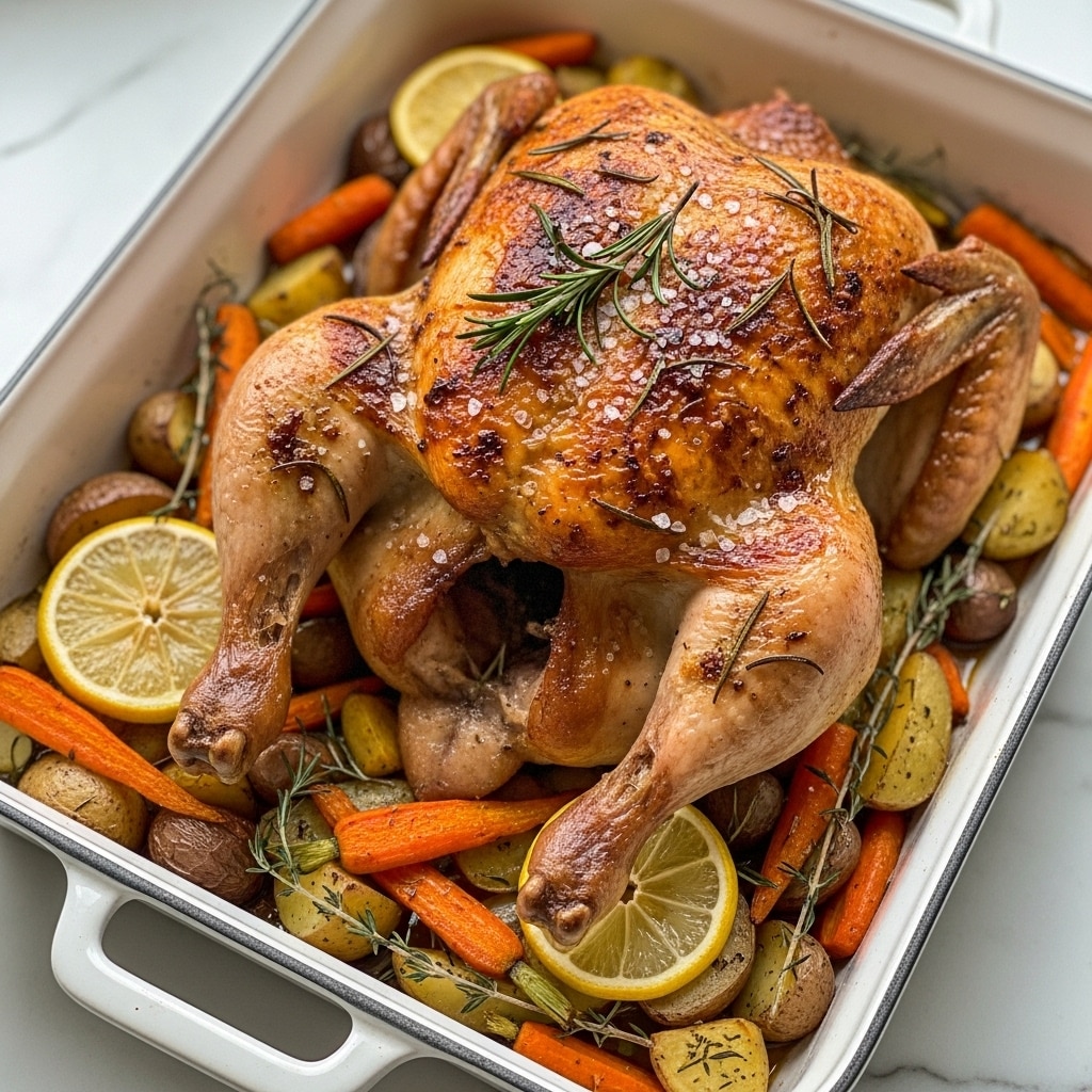 A large roasted chicken cut into two pieces sits on top of a layer of roasted vegetables including carrots, potatoes, and lemon slices, all inside a deep, rectangular white roasting pan. The chicken skin is golden brown and crispy with visible sprigs of rosemary and coarse salt sprinkled on top. The roasted vegetables beneath show varied warm colors of orange, yellow, and light brown, with some herbs mixed in. The scene is set on a white marbled surface with soft natural light highlighting the juicy, well-seasoned texture of the chicken. photo taken with an iphone --ar 4:5 --v 7