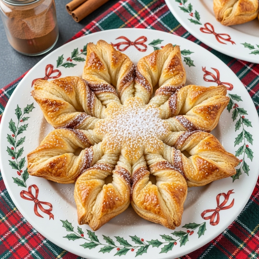 A star-shaped pastry with eight twisted layers, each section golden brown and flaky with darker browned edges, dusted with a light sprinkle of powdered sugar creating a soft white contrast on top. The pastry sits centered on a white plate decorated with green leaves and red bows around the border. The plate is placed on a plaid cloth with red, green, and white lines. Nearby, there is a jar of ground cinnamon and part of another similar plate with the same decoration. Photo taken with an iphone --ar 4:5 --v 7