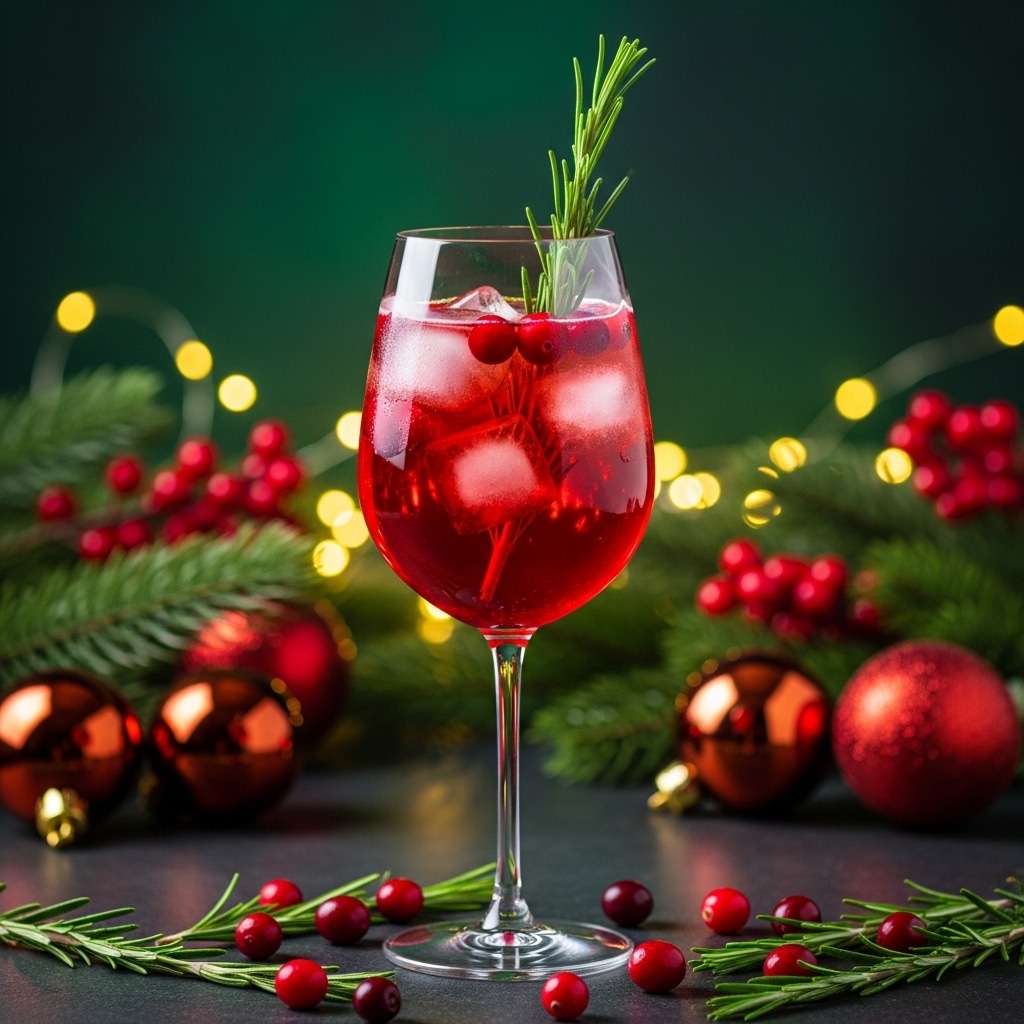 A clear wine glass filled with a bright red drink, showing several ice cubes floating inside, with the top layer garnished with small red cranberries and a sprig of rosemary standing upright. The glass has a long thin stem and is placed on a dark surface scattered with a few more cranberries and rosemary sprigs around it. In the background, there are blurred Christmas decorations including pine branches, shiny red and bronze ornaments, and soft yellow fairy lights, all against a deep green backdrop. The scene has a cozy festive feel with rich colors and warm lighting. photo taken with an iphone --ar 4:5 --v 7