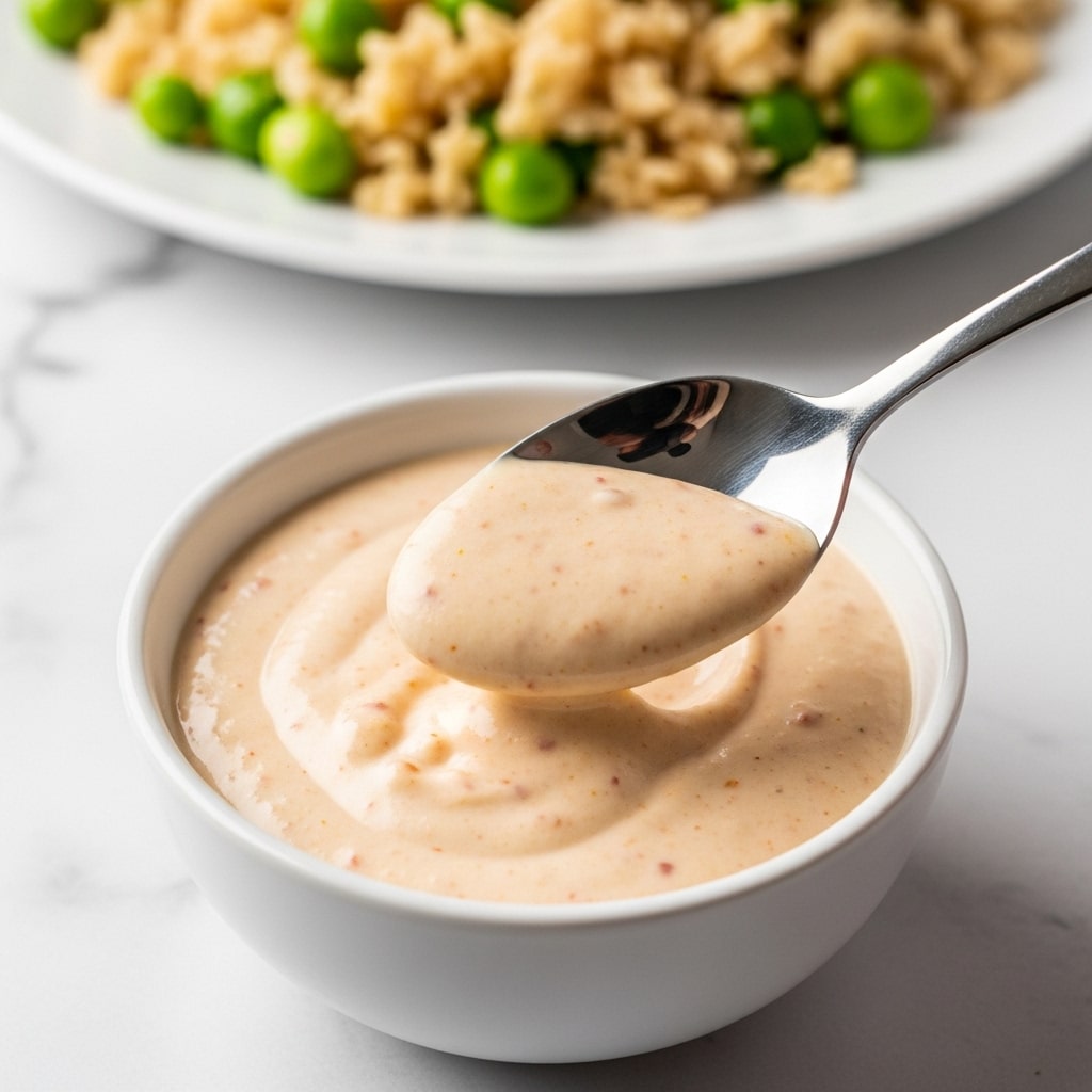 A close-up image shows a small white bowl filled with smooth, creamy light beige sauce with tiny red specks. A shiny silver spoon is dipped into the sauce, lifting some to reveal its thick and silky texture. In the blurred background, there is a white plate with a mix of cooked rice and small green vegetable pieces. The whole setup is placed on a white marbled textured surface. photo taken with an iphone --ar 4:5 --v 7