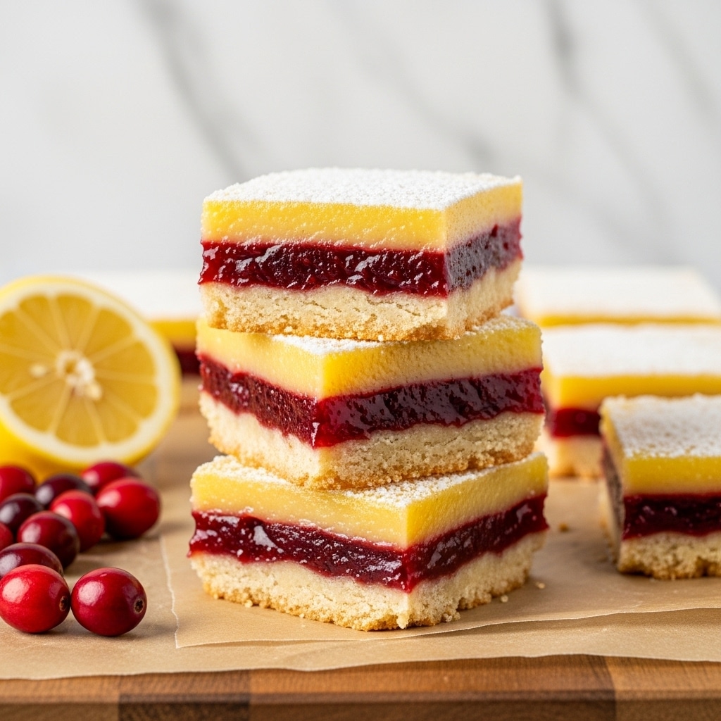 A stack of three square dessert bars is shown, each with four distinct layers: the bottom and third layers are light golden crusts with a slightly crumbly texture, the second layer is a thick, glossy red fruit filling, likely cranberry, and the top layer is a smooth, bright yellow lemon filling dusted with white powdered sugar. The bars sit on a piece of beige parchment paper on a wooden surface, with red cranberries and a sliced lemon nearby on the left, all set against a white marbled texture in the background. Photo taken with an iphone --ar 4:5 --v 7