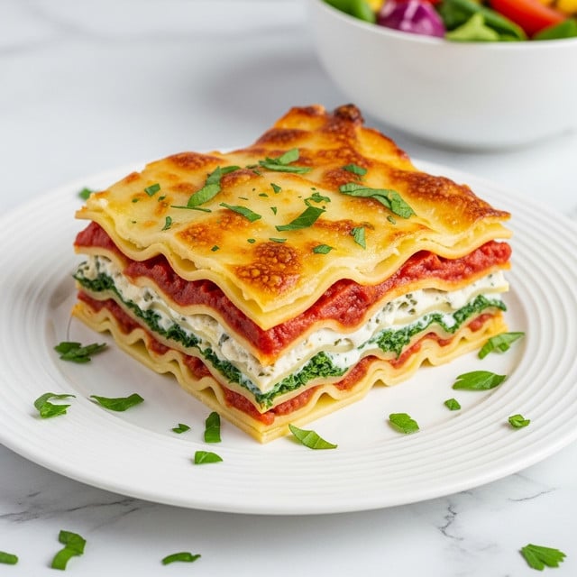 A square piece of lasagna is shown on a white plate with circular ridges. The lasagna has five visible layers: the top layer is golden-brown melted cheese with some green herbs sprinkled over it, under this is a light creamy layer with green spinach visible, followed by a red tomato sauce layer, then another creamy white layer with spinach, and at the bottom a pale yellow pasta layer. Around the plate are small pieces of chopped fresh green herbs. In the background, a white bowl with a colorful salad is partly visible, all set on a white marbled surface. Photo taken with an iphone --ar 4:5 --v 7