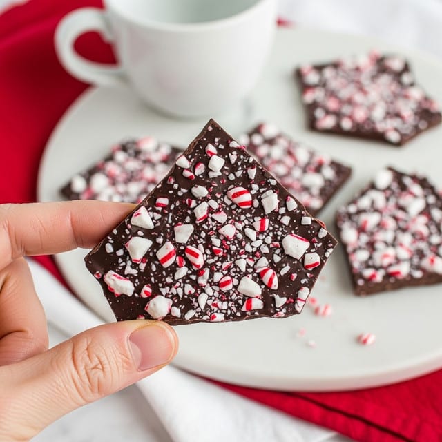 A woman's hand is holding a clear plastic bag tied with a shiny orange bow at the top, filled with several pieces of dark chocolate bark. The chocolate pieces are dark brown with a smooth and glossy texture, scattered with small crushed white and pink peppermint candy bits. In the background, there is a white marbled surface with a blurred wooden spatula topped with more chocolate bark and peppermint pieces, and a red cloth adding color behind the treats. Photo taken with an iphone --ar 4:5 --v 7