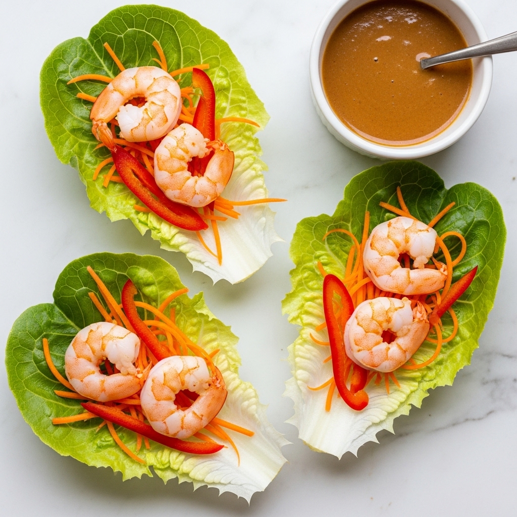 The image shows three white lettuce cups filled with cooked shrimp on a white marbled surface. Each cup has three shrimp placed on top of thin shredded orange carrots and thin red pepper strips. The lettuce leaves are bright green and crisp, forming natural bowls that hold the filling. On the top right, a small white bowl contains a brown dipping sauce with a silver spoon resting inside. The close-up view highlights the fresh and colorful textures of the shrimp and vegetables. photo taken with an iphone --ar 4:5 --v 7