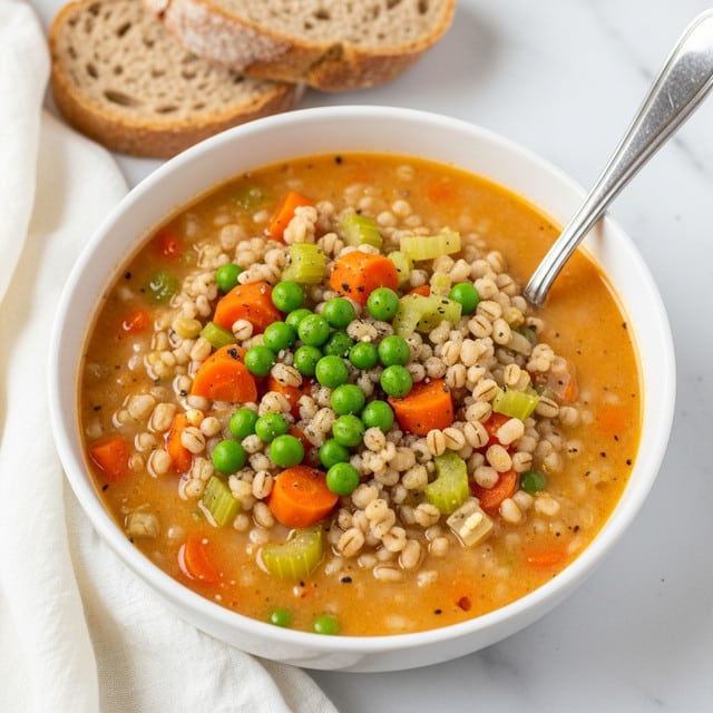 A white bowl filled with a thick soup showing three main layers: a base layer of soft barley grains in creamy orange broth, mixed with diced bright orange carrots and light green celery pieces, topped with scattered fresh green peas and small specks of black pepper, with a silver spoon resting on the right side inside the bowl. In the background, there are two slices of rustic brown bread on a white marbled surface covered partially by a white cloth. photo taken with an iphone --ar 4:5 --v 7