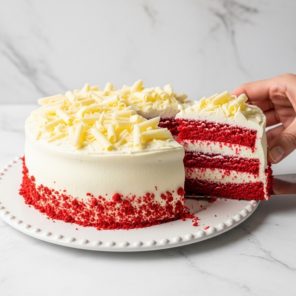 A round cake with two thick red sponge layers separated by a thick, white creamy layer is shown on a white plate with small raised dots on the edge. The entire cake is covered in smooth white frosting and topped with many thin, white chocolate shavings. Around the base of the cake is a ring of red crumbs. A woman's hand is holding a slice of the cake to the right side, showing the inside layers clearly. The background is a white marbled texture. photo taken with an iphone --ar 4:5 --v 7