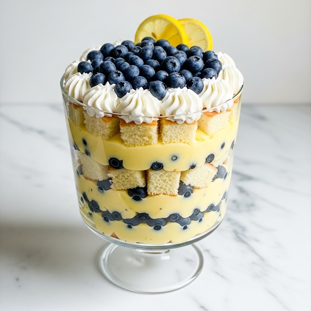 The image shows a tall, clear glass trifle bowl on a white marbled surface filled with a layered dessert. The bottom layer is pale yellow custard mixed with whole blueberries. Above it, there is a layer of light tan sponge cake cubes. Next, a thicker layer of yellow custard with blueberries is placed, followed by another row of sponge cake cubes. The top is crowned with a full layer of fresh blueberries, piped white whipped cream, and garnished with two thin lemon slices. The scene is bright and clean with soft natural light. Photo taken with an iphone --ar 4:5 --v 7