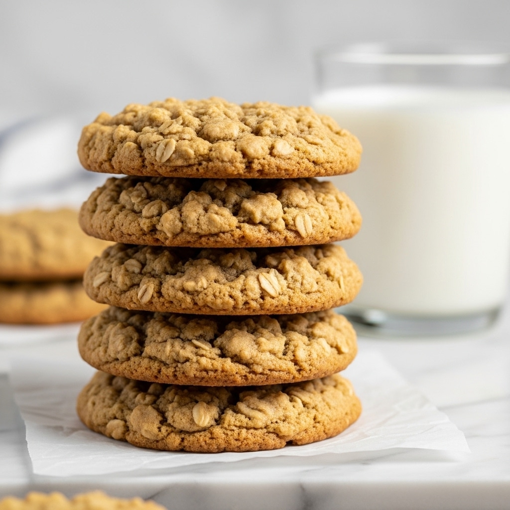 A close-up view of a stack of five golden brown oatmeal cookies with a bumpy and textured surface showing oats embedded in the dough, each cookie looking thick and soft with slightly uneven edges. The stack rests on white parchment paper on a wooden table, with a glass full of white milk blurred softly in the background. The overall scene sits on a white marbled texture surface. photo taken with an iphone --ar 4:5 --v 7